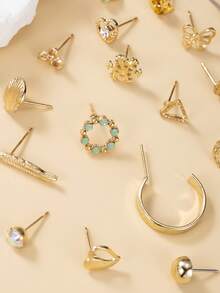30对雪花、蝴蝶、花朵和贝壳几何组合耳环，适合女性日常、休闲、派对佩戴，时尚耳环 - 金黃色 - 查看 3
