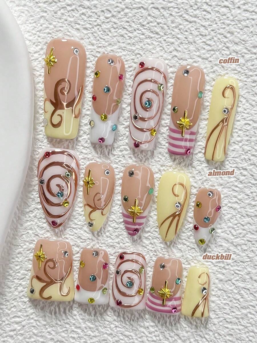 10Pcs Sweet And Edgy Style Handmade Nail Art Set,Polygel Nail Set,Colorful Rhinestones, Gold Stars Nail Art Accessories,Includes Nail Tools,3 Sizes Available,Almond Nails , Duck Nails,Coffin Nails For Party, Dance, Daily Wear. - 彩色 - 查看 1