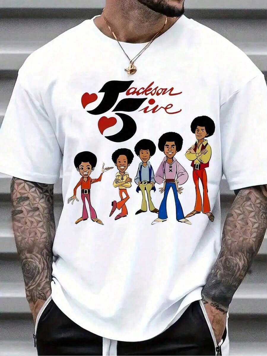 Men'S Vintage Rock Band Graphic T-Shirt - 100% Soft Retro Music Tee With The Jackson 5 & 50th Anniversary Design, Machine Washable Casual Shirt Adults & Teens, Short Sleeve Round Neck Gift Fans, Inappropriate Shirt, Graphic Tee Men, Men Graphic Tee, T Shirt Men, T-Shirt Men, Funny Tshirt, Men Clothe, Men Shirt - 白色 - 查看 1