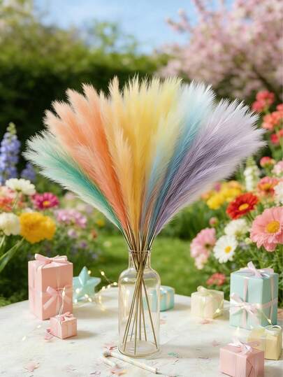 15/10/5 Bunches Rainbow Color Pampa Grass Artificial Flowers, Synthetic Flowers, Spring Pampas Grass Fake Flowers Decor, Suitable For Vase, Dining Table Center, Living Room, Wedding Party, Birthday, Home Decor (Random Color)