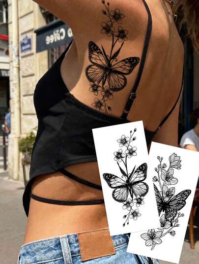 春季花卉蝴蝶临时纹身贴纸 - Y2K风格，适用于手腕、脚踝、肩膀、脖子、锁骨，防水，逼真纹身贴纸，适合DIY、动漫、嘉年华、音乐节、情人节、派对礼物