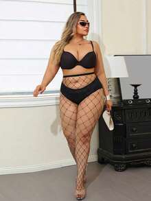 Women's Curve Tights, High Elasticity Skinny Pants, Hollow Fishnet Stockings, Thin Sexy Pantyhose, Y2K Black Sheer Hosiery, Fashionable & Versatile For Daily Wear, Spring/Summer - Black - View 4