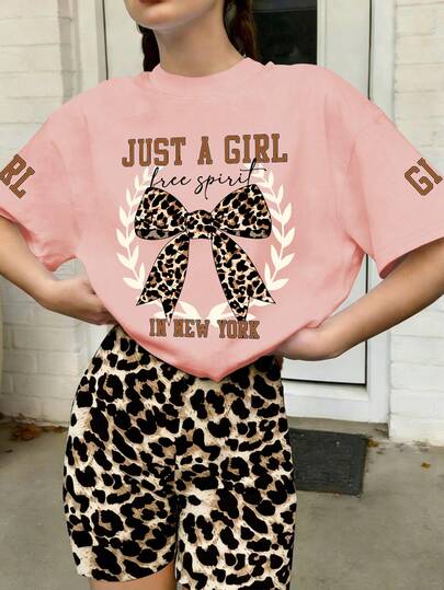 2pcs/Set Teenage Girls' Letter Print Short Sleeve T-Shirt + Leopard Pattern Shorts, Fashion Minimalist Style Two Pieces Set, Versatile For Outings, Casual Daily, School Wear In Summer