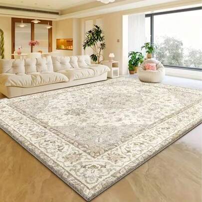 GEL HUT MUN 850g/㎡ Plush Plush Floral & Geometric Pattern Rug, Non-Slip Backing, Machine Washable Polyester Material, Soft Cream Color, Suitable For Living Room, Bedroom, Office, Lightweight Decorative Floor Mat For Game Room & Home Decor