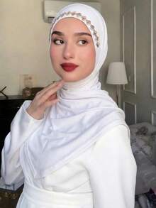 1pc Women's Fashion Solid Color Elastic Chin Cover Neck Warmer Scarf,Beach,Holiday - Rhombus-shaped Hot-fix Rhinestones - White - View 2