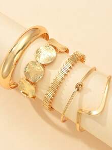 5pcs/Set European And American Exaggerated Leaf Smooth Bracelet, Asymmetrical Stripe Open Cuff Jewelry Set - A - View 6