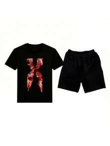 Conjunto para hombre estilo streetwear con estampado abstracto de letra símbolo tela cómoda ajuste holgado cuello redondo manga corta verano uso diario casual set de camiseta y short - Negro 2 - Ver 1