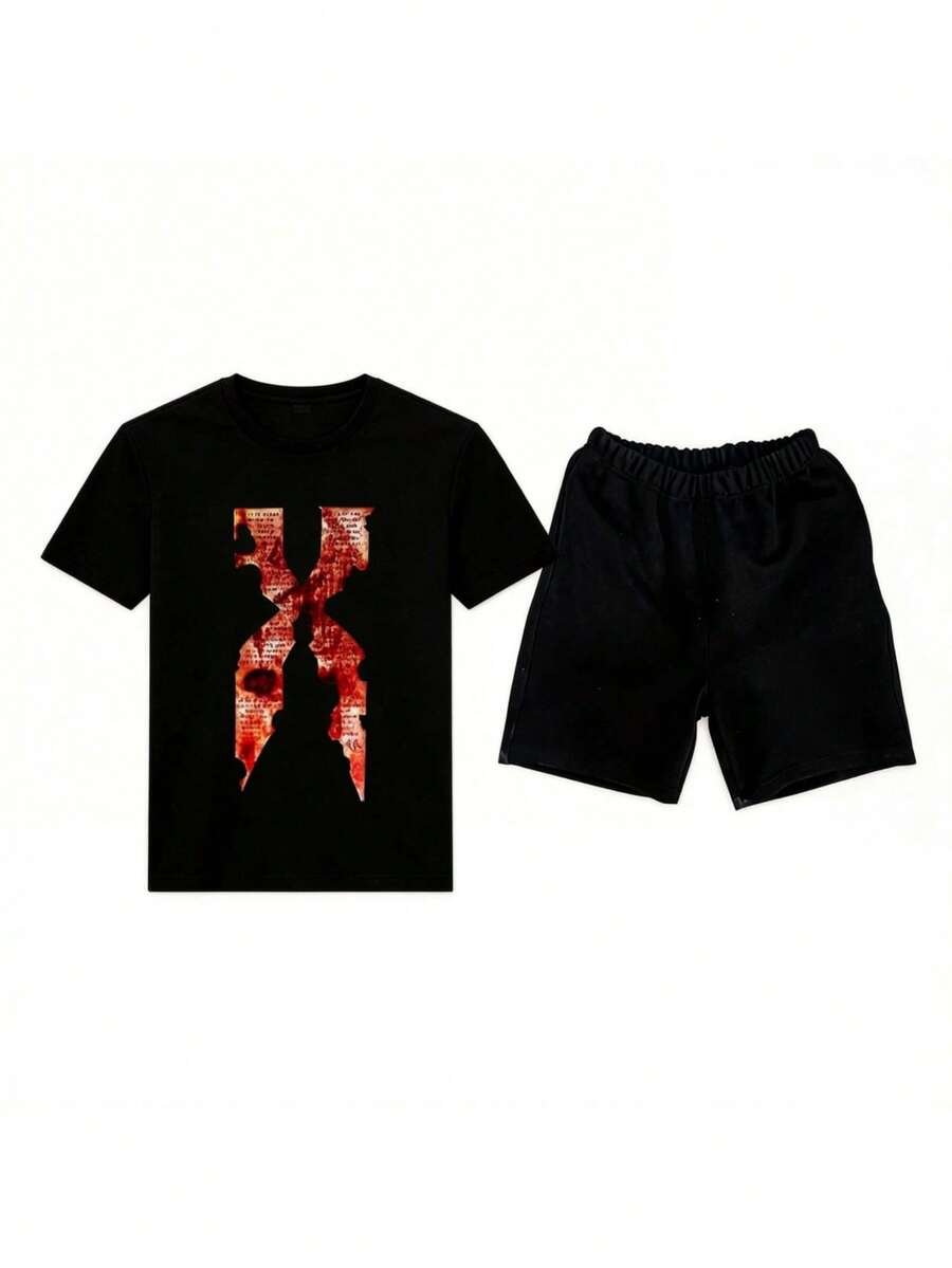 Conjunto para hombre estilo streetwear con estampado abstracto de letra símbolo tela cómoda ajuste holgado cuello redondo manga corta verano uso diario casual set de camiseta y short - Negro 2 - Ver 1
