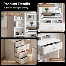 Makeup Vanity Desk With Mirror And Lights, 3 Adjustable Brightness Color Lighting Modes, Vanity Set With Drawers, Stool And Open Shelves, Dressing Table For Bedroom - US A Type Plug(110-127V) - View 4