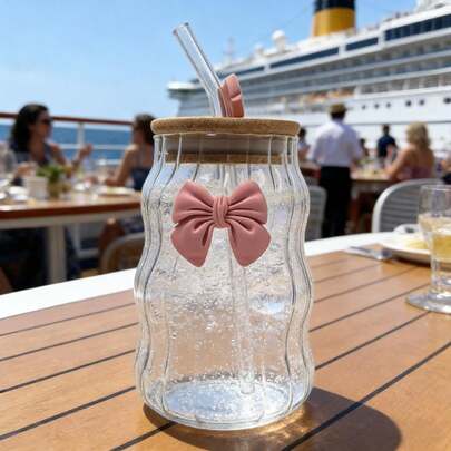 Cốc thủy tinh nơ Kawaii - Cốc uống nước thân lượn sóng dễ thương có ống hút và nắp đậy.