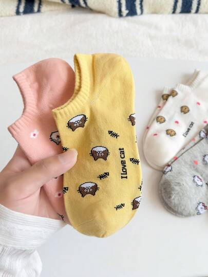 5 Pairs Women's Cotton Ankle Socks, Cute Cartoon Cat Print Breathable Casual Short Socks For All Seasons