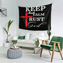 1pc Keep Calm And Trust God Tapestry 60 X 40 Inch Black Polyester Wall H1anging With R1d Cross Design Inspirational Religious Decor For Living Room Bedroom Dorm - Indoor Use No Battery Needed Bedroom Wall Art | Inspirational Tapestry | Polyester Tapestry - 1PC - 查看 4