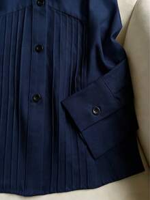 女士新款畅销春秋季休闲衬衫，长袖设计，腰部褶裥设计凸显腰线和身材曲线，适合日常通勤和办公穿着。 - 藏蓝色 - 查看 4