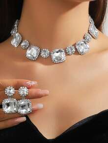 3pcs Elegant Geometric Rhinestone Necklace & Earrings Jewelry Set, Suitable For Wedding, Party, Gift For Family And Friends - Multicolor - View 3