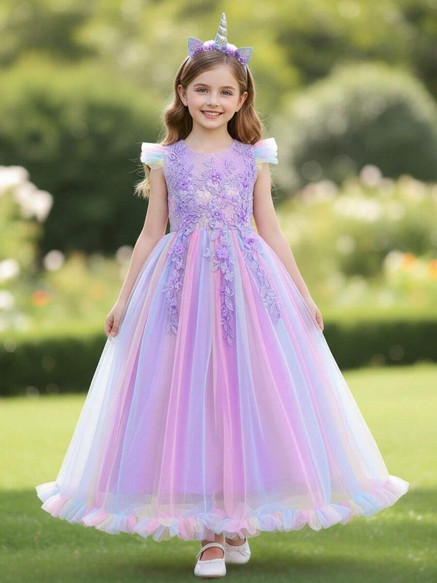 Flower Girls Maxi Dress Bridesmaid Wedding Pageant Party Princess Communion Floral Boho Vintage Lace Dance Gown - 紫丁香色 - 查看 1