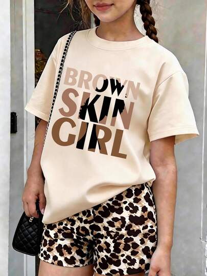 1 Set Of Short Sleeve T-Shirt With Self-Affirmation Graphic And Leopard Print Shorts For Teenage Girls, Casual Loose Fit, Sports Style Round Neck Tee, Perfect Summer Gift For School And Outdoor Wear, Suitable For Spring And Summer