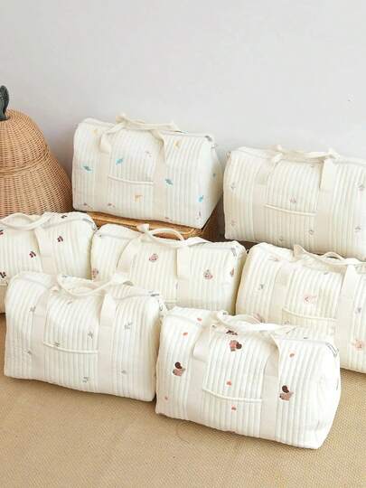 Large Capacity Diaper Bag, Embroidered Handheld Shoulder Bag, Personalized Embroidered Diaper Organizer Bag, Large Travel Mommy Bag, Four-Pocket Design, Soft Diaper Storage Bag, Toy & Towel Organizer, Skin-Friendly & Tidy