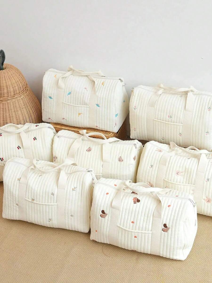 大容量尿布包，刺绣手提单肩包，个性化刺绣尿布收纳包，大容量旅行妈妈包，四口袋设计，柔软尿布收纳袋，玩具毛巾收纳袋，亲肤整洁 - 彩色 - 查看 1