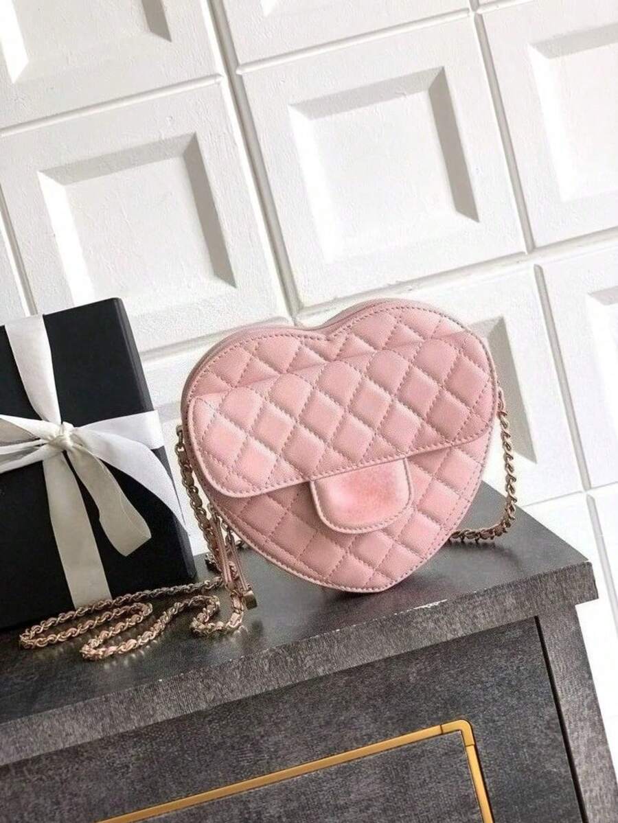 Pink Heart - Shaped Quilted Chain Crossbody Bag For Women - 19 * 18 * 6cm - Cute Casual Shoulder Purse​ - 粉色 - 查看 1