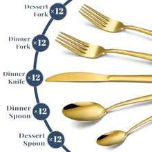 60-Piece Gold Silverware Set - Stainless Steel Silverware Set For 12 Includes Forks Spoons And Knives Utensil Sets For Home Kitchen Restaurant Dishwasher - 金色60件組銀器 - 查看 4