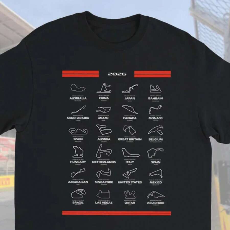 F1 Saison 2026 | T-Shirt | Vêtements de fan de F1 | Cadeau de course | Vêtements de sport automobile | Calendrier des courses - Noir - Voir 1