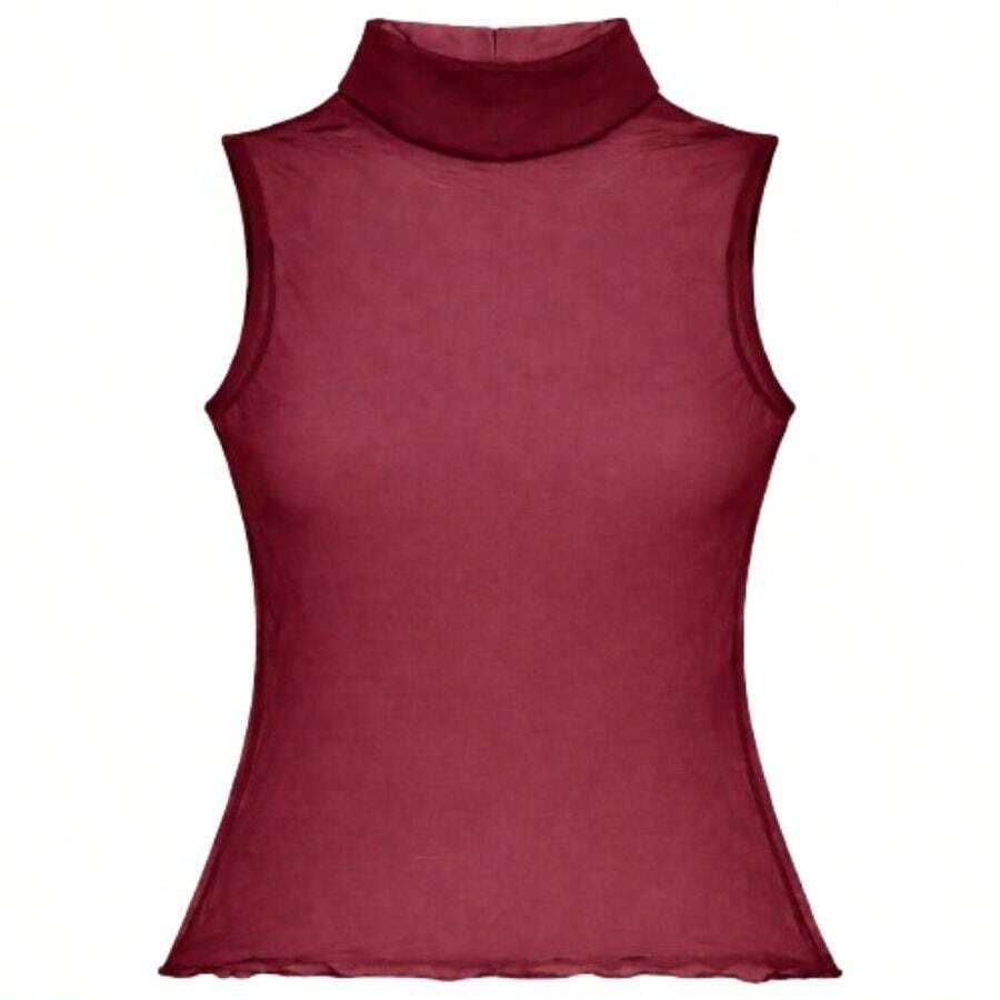 Women's High Neck Tulle Tank Top – Transparent And Elegant | Sizes S, M, And L - 酒紅色 - 查看 1