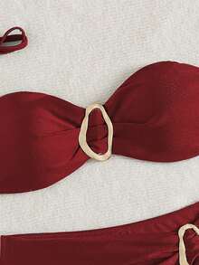 Women's Solid Color Halter Neck Bikini Two Pieces Set, With Metal Accessory In The Middle, Suitable For Island Vacation Beach Summer - Burgundy - View 5