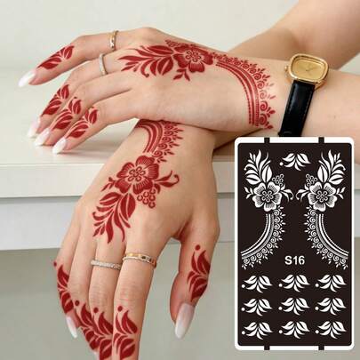 Hana Hand-Drawn Hollow Floral Tattoo Stencil - Sexy Floral Pattern, Suitable For Hands, DIY Painting, Ink, Reusable Mandala Design Template Stickers, Suitable For Women Body Party Makeup