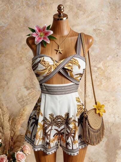 女士度假棕榈树印花露腰连体裤夏季女装碎花连体裤度假休闲装夏季服装