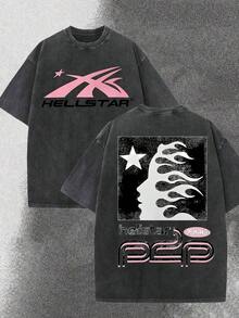 BOTANICBEAT 1PC Worn-Out Washed Men's Short-Sleeved Shirt, Featuring A Pink Meteor Flame Human Face Silhouette Pattern In Letters On A Double-Sided Print, Retro Casual Loose Men's T-Shirt, Comfortable And Versatile Men's Clothing Summer Tops Men Shirts - 黑色 - 查看 9
