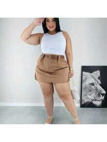 Short Skirt Plus Size Tailored With Belt Various Colors Summer - Beige - View 9