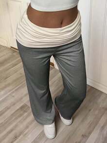 Sunshine Girl Pink Striped Straight Pants, White Ruffle Waist, Women Summer Back To School, Valentine's Day, Casual Commute Wear Spring - 黑色 - 查看 3
