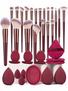 36pcs Makeup Brush & Sponge Tool Full Set. Includes 20pcs Face Makeup Brush Set, Such As Powder Brush, Blush Brush, Foundation Brush (Finger Grip), Contour Brush, Concealer Brush, Highlighter Brush, Etc. Makeup Brush Set, Makeup Brush Set, Makeup Brush Set, Complete Makeup Brushes, Makeup Set, Makeup Gift Set. - Burgundy - View 12