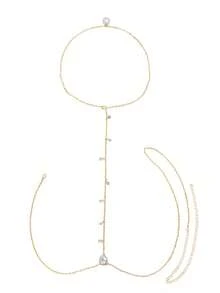 1件新娘时尚优雅露背身体链，欧美个性化奢华婚礼配饰锆石水滴项链 - 金色 - 查看 5