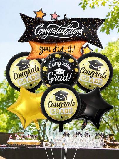 7pcs Black & Gold Graduation Balloon Set, Includes Black & Gold Congratulations Balloon, Graduation Cap Foil Balloon, Suitable For Graduation Party Decor, Graduation Celebration, 2026 Graduation Atmosphere Decor, Campus Activities
