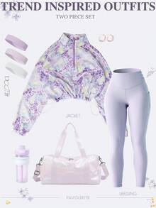 2 peças/Conjunto Jaqueta Curta com Zíper Parcial Floral Rosa + Legging, Adequado para Ioga, Fitness, Passeios Casuais e Eventos Sociais Leves; Tons Roxos Suaves, Detalhes Florais Adicionam Toques Românticos, Exibindo um Estilo Esportivo Despreocupado, Doce e Confortável - Lavanda - Visão 1