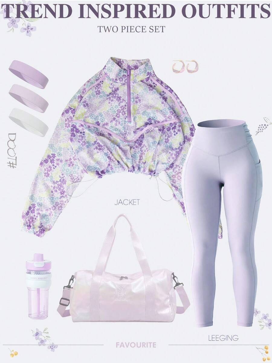 2 peças/Conjunto Jaqueta Curta com Zíper Parcial Floral Rosa + Legging, Adequado para Ioga, Fitness, Passeios Casuais e Eventos Sociais Leves; Tons Roxos Suaves, Detalhes Florais Adicionam Toques Românticos, Exibindo um Estilo Esportivo Despreocupado, Doce e Confortável - Lavanda - Visão 1