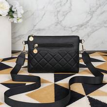 Bolso cruzado minimalista de moda de un solo hombro 2026, bolso cuadrado pequeño con textura de rombos, combinado con herrajes dorados, diseño de múltiples compartimentos - Negro - Ver 6