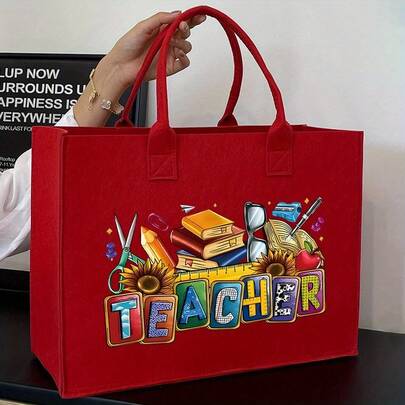 حقيبة تسوق من الشعر الأحمر مطبوع عليها "معلم"، سعة كبيرة للتنقل والتسوق، هدية لعيد المعلم والتخرج