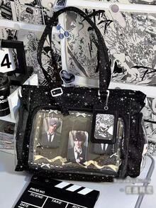 1个可爱甜美洛丽塔风格单肩包，多口袋大容量女童斜挎包，高品质尼龙材质，星形印花，可拆卸可调节肩带，轻便手提包，适合上学、动漫展、日常使用 - 黑色 - 查看 6