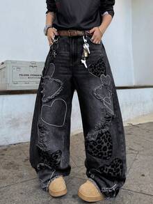 1 chiếc quần jeans nam Hearty Haven kiểu dáng đường phố Mỹ, thêu họa tiết, ống rộng rách rưới, dáng rộng thoải mái, phong cách sinh viên, gấu quần tua rua, đa năng cho mọi mùa (Không kèm thắt lưng hoặc phụ kiện) - màu đen - Xem 6