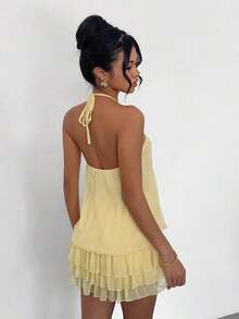 Women's Yellow Low Waist Super Short Sexy 3D Floral Camisole Backless Ruffle Hem Mini Dress, Elegant, Fashionable, Suitable For Daily Commute, Party, Carnival, Valentine's Day, New Year, Beach Vacation Summer - 淺粉色 - 查看 11