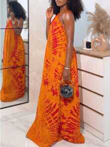 色彩缤纷的扎染印花沙滩休闲度假露背连衣裙 - 橘色 - 查看 5
