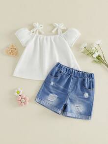 Shorts Set, Short Sleeve T-Shirt With Ripped Denim Shorts Summer Outfit - 白色 - 查看 6