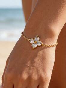 18K镀金圆形水晶四叶草手链，简约闪亮波西米亚风可调节不锈钢链手链，适合海滩度假 - 四葉草 - 查看 11