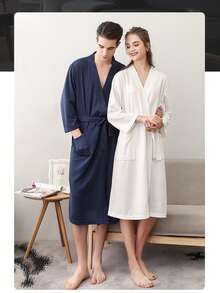 1 chiếc áo choàng tắm unisex mùa xuân/hè, kiểu dáng tối giản, dài, màu trơn, có thắt lưng - Áo ngủ polyester cổ chữ V, phù hợp cho mọi mùa, đồ dùng phòng tắm, váy xông hơi khách sạn, váy phù dâu mùa hè. - trắng - Xem 4