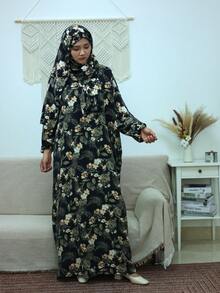 Women's Oversized Prayer Robe With Printed Design, Dignified Long Sleeve Woven Robe With Applique Details, Floor-Length Islamic Clothing Black - Black - View 4