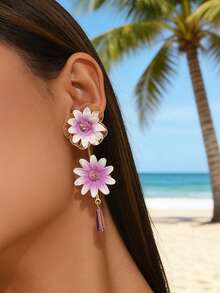 1 pereche de cercei cu pandantiv din material floral inspirat din natură, cercei delicați cu ciucuri cu flori goale, potriviți pentru femei, pentru ocazii zilnice, de vacanță și formale - Violet - Vizualizare 7