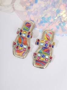 Chanclas de moda para niños, nuevas chanclas de verano para la playa con diseño brillante, decoración de diamante de imitación y punta cuadrada para niñas - Multicolor - Ver 1