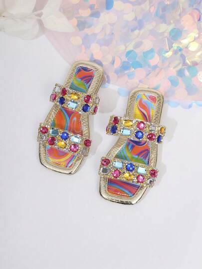 Kids Fashion Slippers, New Square Toe Rhinestone Decor Shiny Design Summer Beach Slippers For Girls